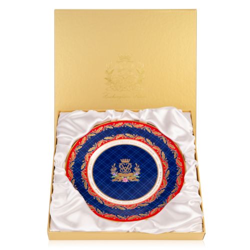 Limited Edition plate to commemorate the life of The Duke of Edinburgh. With a red border and gold leaves, the centre of the plate is a blue design with Prince Philip's cipher at the centre