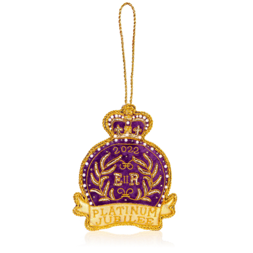 Purple and gold decoration featuring a crown and beaded foliage. The words EIIR 2022 and Platinum Jubilee are embroidered with beading