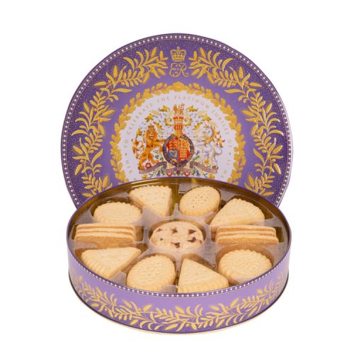 Circular open tin of biscuits. The lid of the tin features the coat of arms and surrounded by gold leaf designs. The biscuits in the tin are a range of shortbreads.