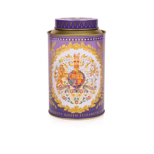 Tea caddy featuring the Coat of Arms and surrounded by gold leaf design