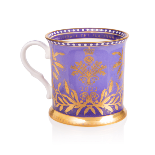 Purple tankard featuring the coat of arms and surrounded by a gold foliage design