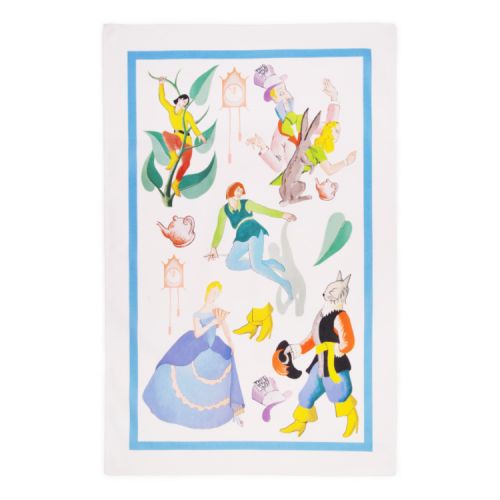 White cotton tea towel featuring pantomime characters including Cinderella and Little Red Riding Hood