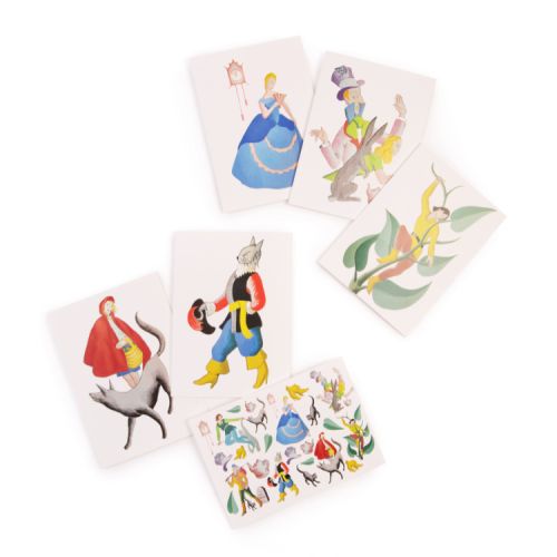 Six notecards featuring illustrations of famous panto characters including Cinderella and Little Red Riding Hood