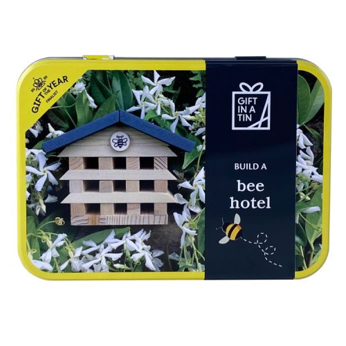Rectangular tin showing a bee hotel