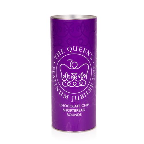 Purple biscuit tube featuring Her Majesty's Platinum Jubilee emblem in white. Next to the tube is a pile of chocolate chip biscuits