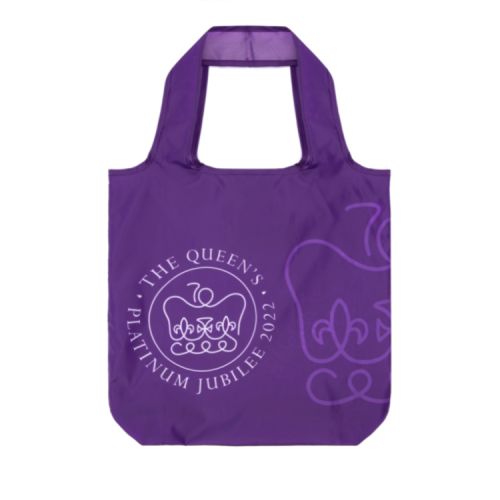 Purple shopping bag featuring The Queen's Jubilee 2022 emblem 