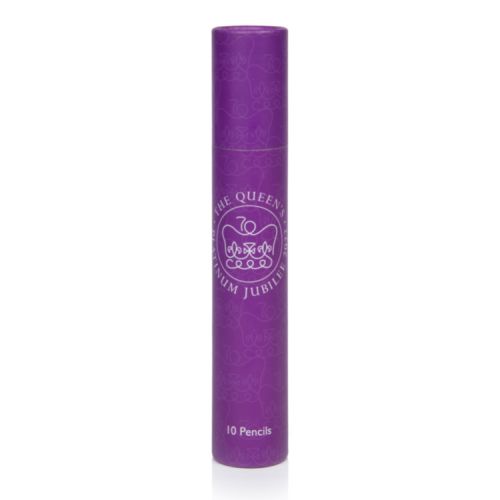 Purple tube of pencils with two pencils next to it. The tube and pencils are printed with The Platinum Jubilee Emblem