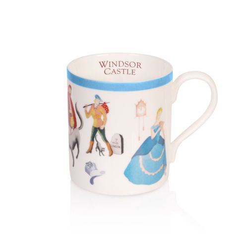 white coffee mug featuring famous panto characters including Cinderella and Dick Whittington. Windsor Castle is printed on the inside of the mug