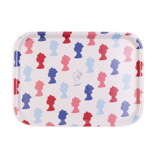 Rectangular tray with a blue polka dot design and colourful silhouettes of The Queen inspired by Machin design