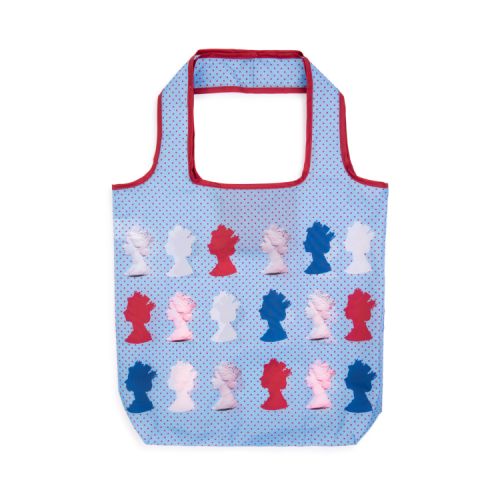 Pale blue reusable bag with red polka dots and the colourful silhouettes of the Machin design of The Queen