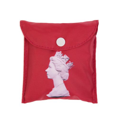 Pale blue reusable bag with red polka dots and the colourful silhouettes of the Machin design of The Queen