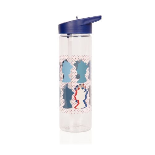 Clear water bottle featuring the Machin design of The Queen's silhouette. The lid is blue.