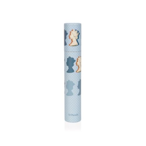 Pale blue tube of pencils featuring a polka dot design and the Machin design of The Queen's silhouette 
