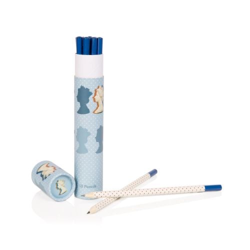 Pale blue tube of pencils featuring a polka dot design and the Machin design of The Queen's silhouette 