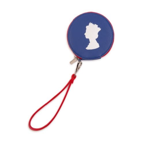 Blue coin purse with a white silhouette of The Queen inspired by Machin design. With a red handle.