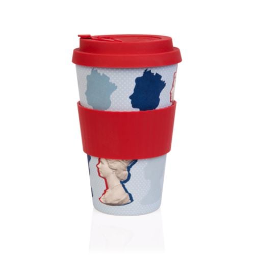 Coffee cup printed with the Machin design of The Queen's silhouette. With a red lid and red holder round the middle.