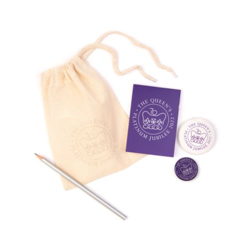Miniature drawstring cotton bag containing an eraser, notebook, pencil and pin badge. All items feature the Platinum Jubilee logo