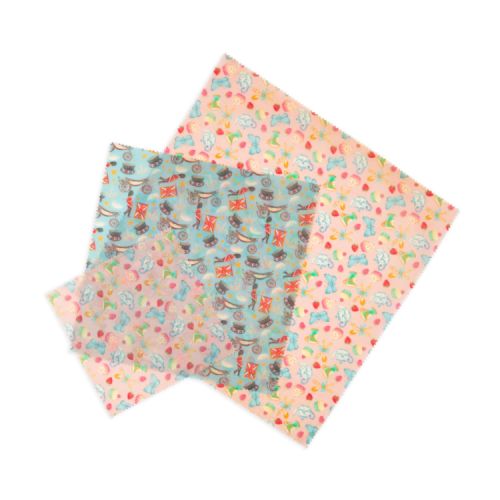 Cardboard packet of three patterned beeswax wraps