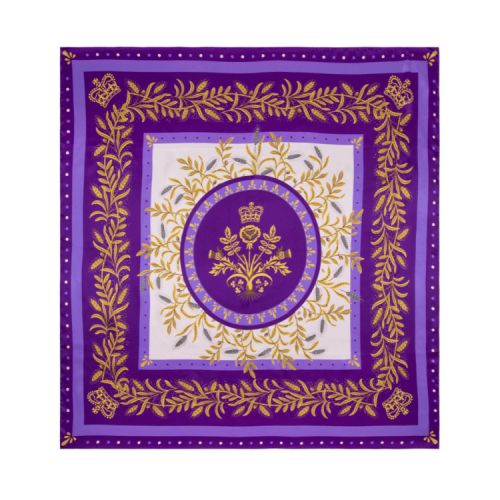 Square silk scarf featuring gold and purple design