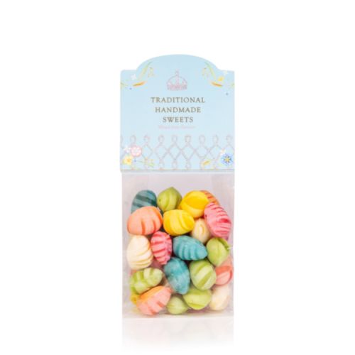 Pack of Easter egg shaped colourful sweets with a blue label displaying florals and crystal design