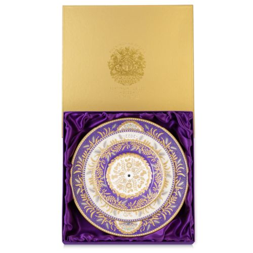 Three tier cake stand featuring purple and gold Platinum Jubilee ornate design