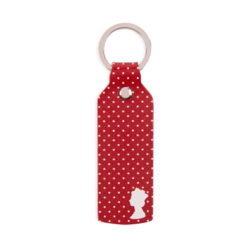 Red leather keyring with white polka dot design and Machin design of the silhouette of The Queen