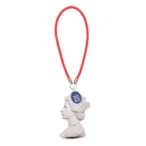 Bag charm with red loop and a pendant of the Machin design of The Queen's silhouette.