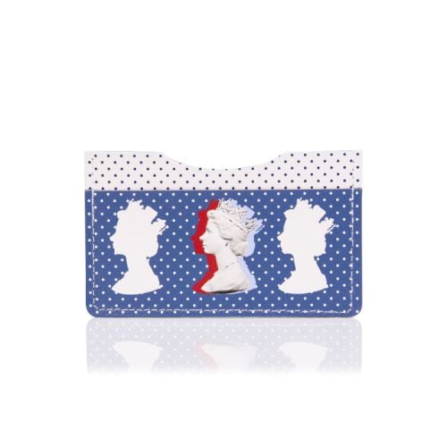 Blue and white polka dot credit card case printed with the silhouette of The Queen.