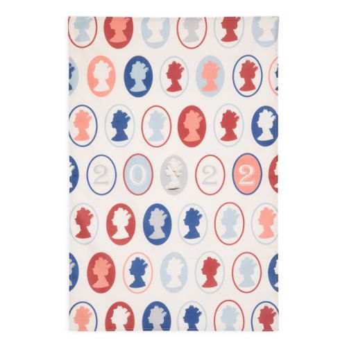 Cream tea towel printed with the Machin design of the silhouette of The Queen printed in blue, red and white and the year 2022.