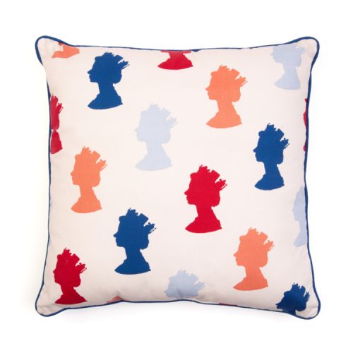 Square cushion showing the Machin design of colourful silhouettes of The Queen