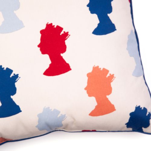 Square cushion showing the Machin design of colourful silhouettes of The Queen