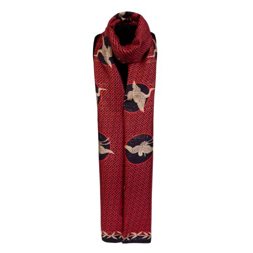 Red silk scarf wrapped round featuring crane design