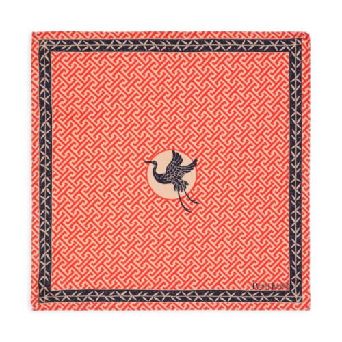 Red pocket square featuring a black crane at the centre and a black border