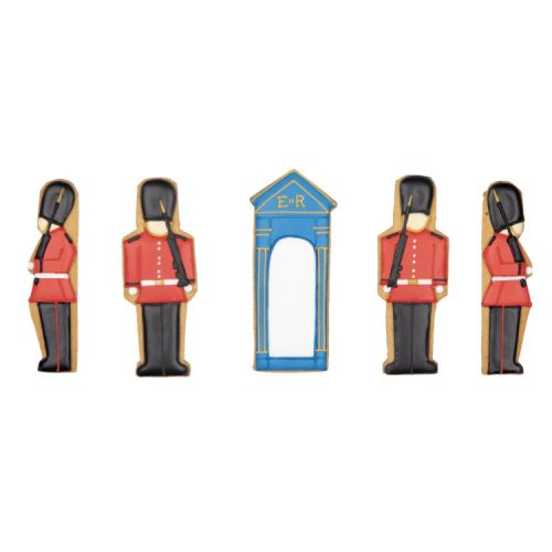 Box of iced biscuits shaped as guardsmen and a sentry box in a Biscuiteers illustrated box