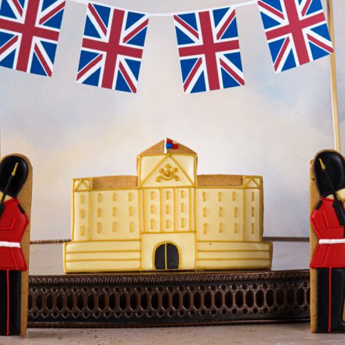 Box of guardsman and Buckingham Palace iced biscuits presented in an illustrated box