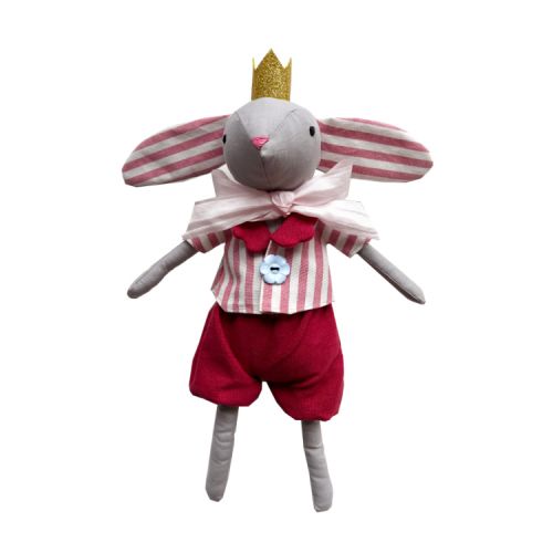 Material bunny doll wearing red shorts, white and red striped shirt, pink bow tie and a gold crown