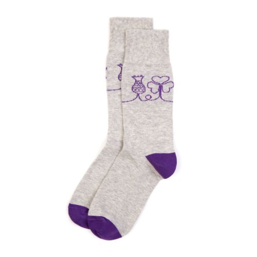 Grey socks with a purple floral design and a purple heel and toe