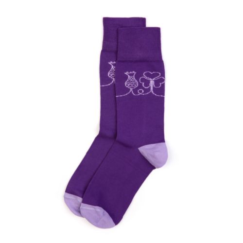Purple socks with a floral design. The heel and toes are lilac