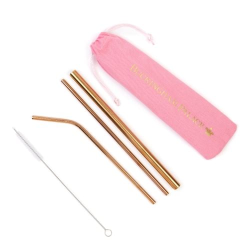 PInk bag with gold lettering. One large and two smaller gold straws plus straw cleaner. 