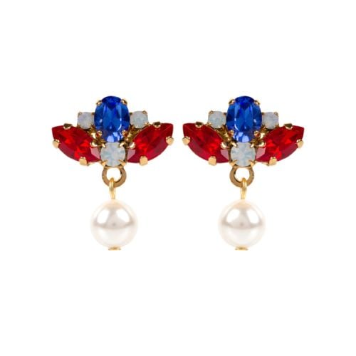 Red, white and blue crystals on gold plated brass with a pearl drop 
