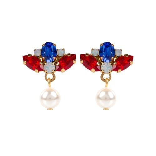 Red, white and blue crystals on gold plated brass with a pearl drop 