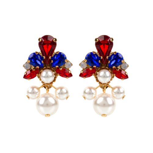 Teardrop shaped red and blue crystals with small clear crystals on top. 

A pearl connects the top section to three further pearls that sit below the ear. 