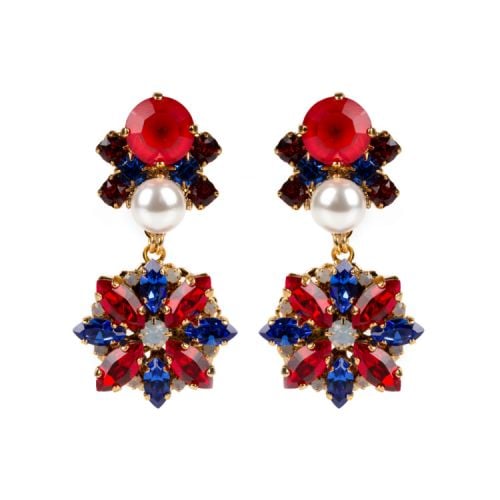 Red, white and blue crystal drop earring. Pearl stud surrounded by more red and blue crystals.
