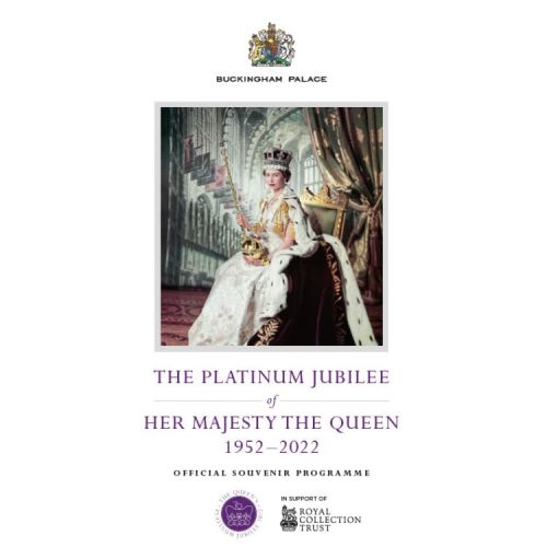 Front cover of The Platinum Jubilee Official Souvenir Programme. Featuring a picture of The Queen at her Coronation in 1953.
