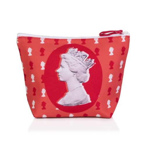 Red wash bag printed with the Machin stamp design of The Queen's head