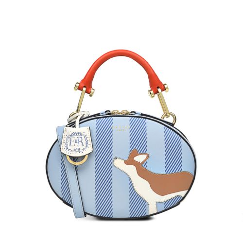 Blue zip around bag stitched with a corgi on the front and a red handle.
