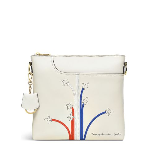 Cream leather bag depicting the red arrows followed by red, white and blue trailing behind