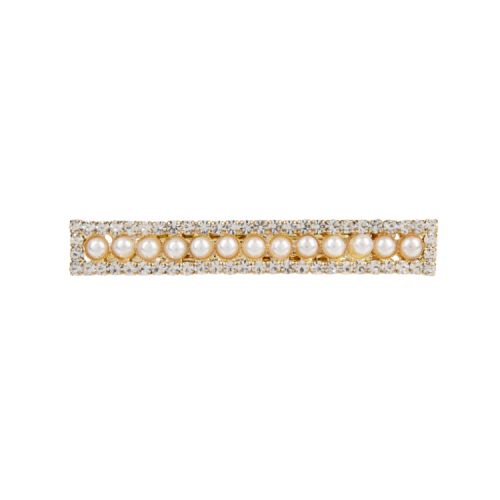 Gold with crystals round the outside and pearl through the middle of the hairclip 