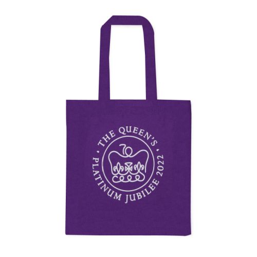 Purple tote bag featuring The Queen's Platinum Jubilee emblem