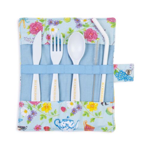 alt

Blue floral cutlery wrap. White knife, fork, spoon and straw plus straw cleaner. 